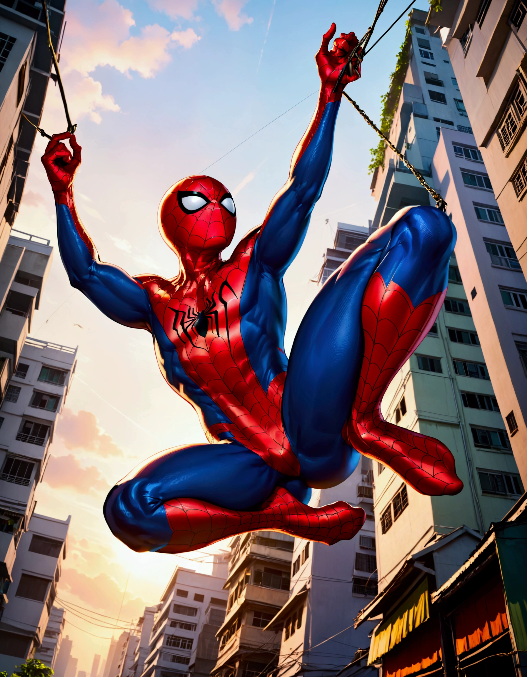 The Incredible Spiderman swinging between buildings in Bangkok, viewed from a low angle