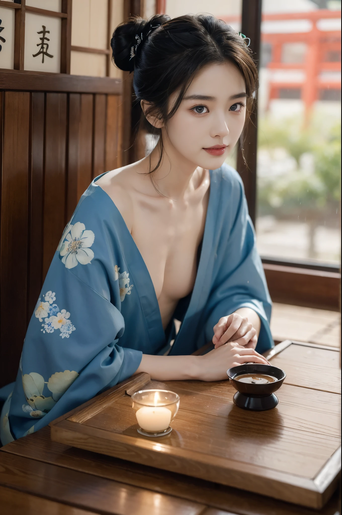 (((best quality))),(((ultra detailed))),(((masterpiece))),illustration,((1 beautiful Japannese girl,solo)),((slim,thin)),((small breasts,flat chest)),(((izakaya,summer,rain,night,indoor))),(blue floral kimono:1.3),neat bun,porcelain skin,rouge,dimly lit,warm glow,ethereal,(sitting beside the low table:1.3),sake bottle,half-empty glass,tray,grilled fish,steamed vegetables,half-eaten,melancholic smile,storm,solitude,enigmatic aura,tranquility,chaos,simplicity,complexity,emotions,sips sake,face softens,memories,frozen moment,photograph,glance,inner world,mysterious,captivating,((from front,upper body))