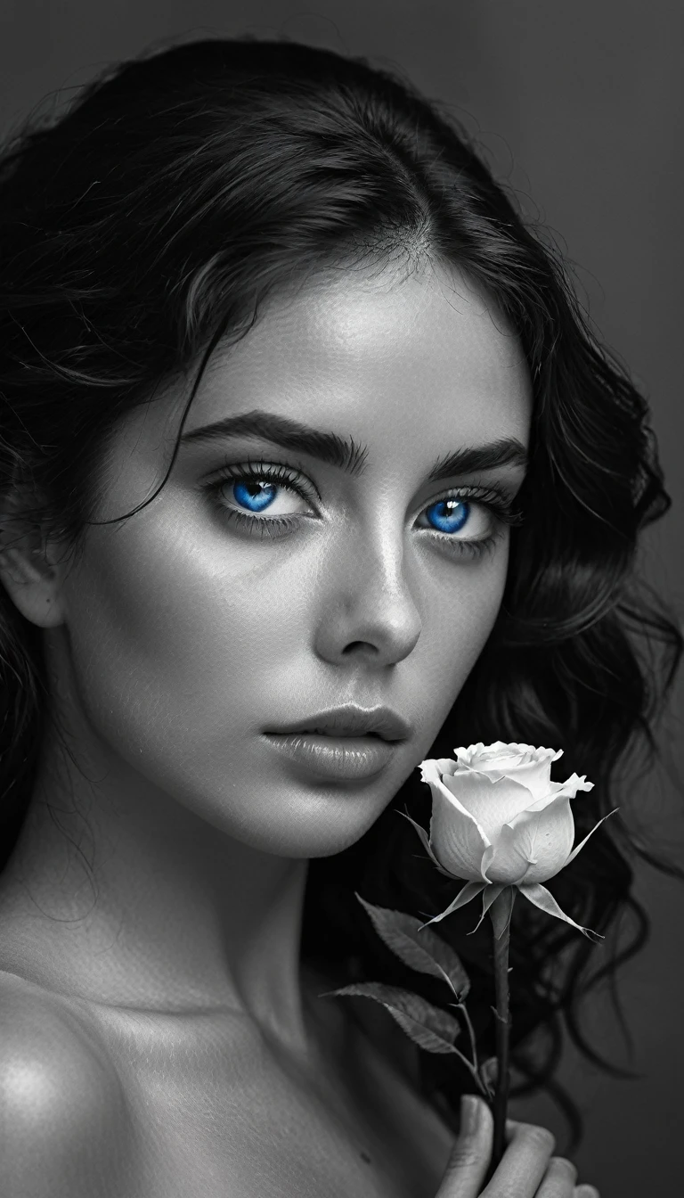 Low Angle Shot, Photo noir et blanc et bleu profond, une femme aux yeux bleus sublimes, une peau impeccable, tir à moitié du corps, tenant une rose darkblue, intensité du regard captivant, style de photographie fantaisiste, capturé avec un appareil photo Arriflex 35BL utilisant des objectifs Canon K25, Cinématique, Éclairage dramatique, Extrêmement clair, masterpiece surréaliste à couper le souffle.