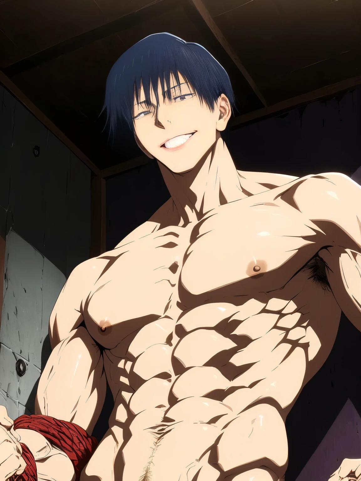 Blue Hair、Shirtless anime man posing for photo, muscular!!, official Anime Stills, today's featured Anime Stills, male anime character, sankakucomplex anime character, In animation, official studio Anime Stills, Energy Man's Epic Animation, still from tv anime, muscular!, Anime Stills, Hijikata Toushirou of Gintama