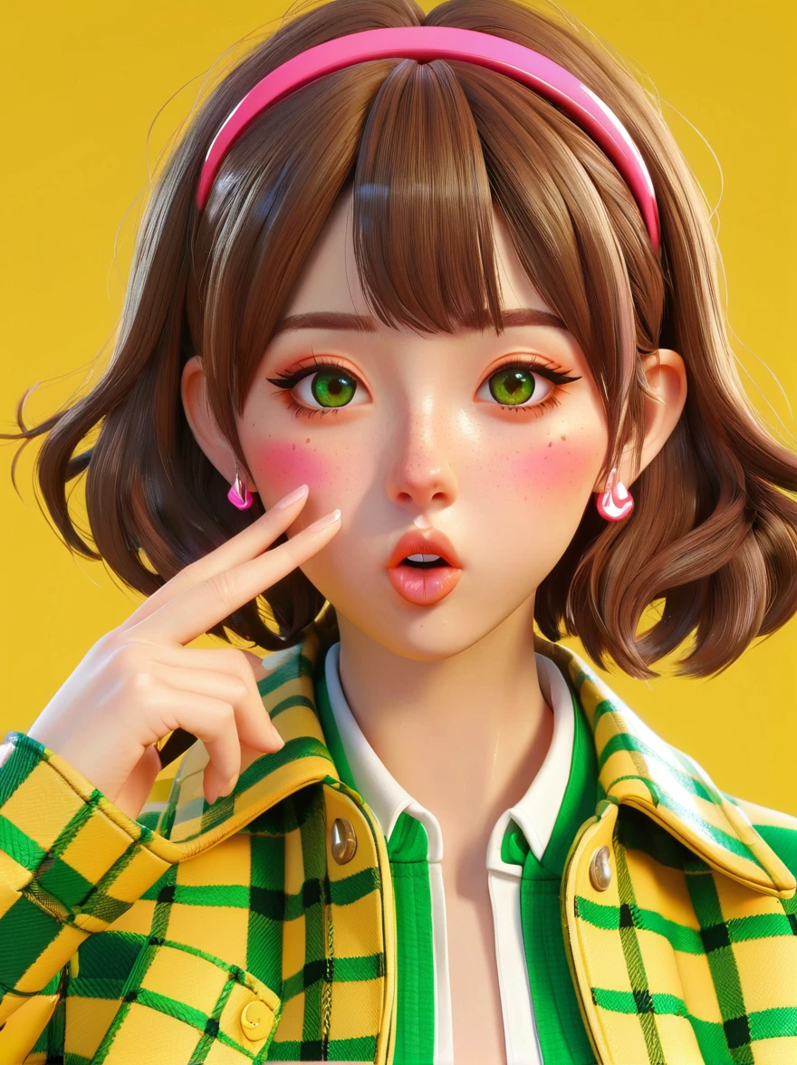 masterpiece，3D anime style girl with brown hair in a checkered outfit and green jacket. She has a pink nose ring and is blowing a kiss for the camera against a yellow background, created in the style of unreal engine, Cartoon Style, full-body shot, Super Detail, Anatomically correct, masterpiece, precise