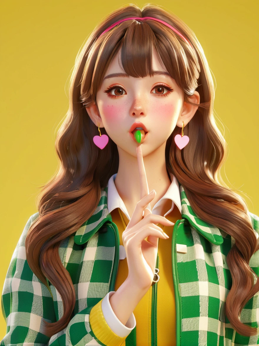 masterpiece，3D anime style girl with brown hair in a checkered outfit and green jacket. She has a pink nose ring and is blowing a kiss for the camera against a yellow background, created in the style of unreal engine, Cartoon Style, full-body shot, Super Detail, Anatomically correct, masterpiece, precise