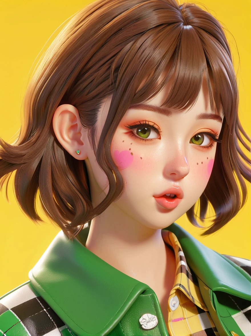 masterpiece，3D anime style girl with brown hair in a checkered outfit and green jacket. She has a pink nose ring and is blowing a kiss for the camera against a yellow background, created in the style of unreal engine, Cartoon Style, full-body shot, Super Detail, Anatomically correct, masterpiece, precise