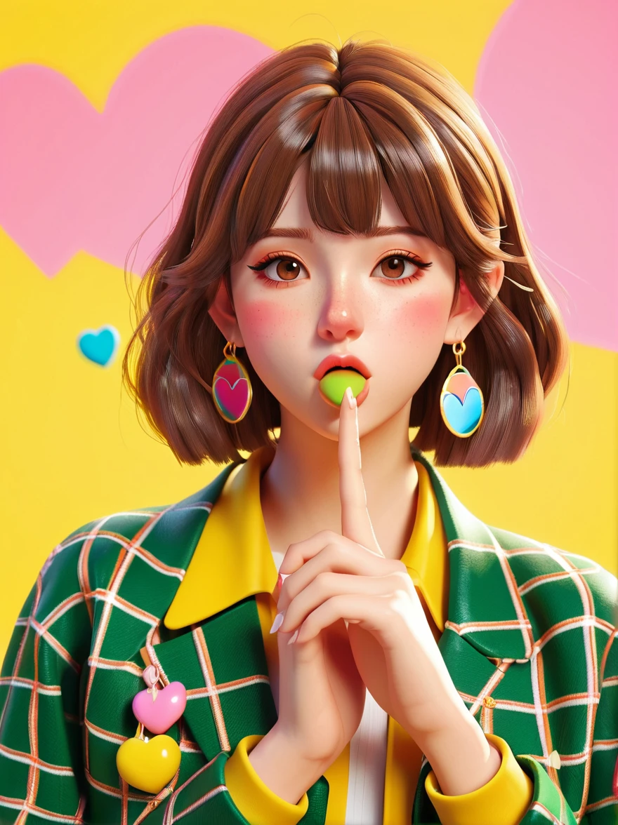 masterpiece,3D anime style girl with brown hair in a checkered outfit and green jacket. She has a pink nose ring and is blowing a kiss for the camera against a yellow background, created in the style of unreal engine, Cartoon Style, full-body shot, Super Detail, Anatomically correct, masterpiece, precise