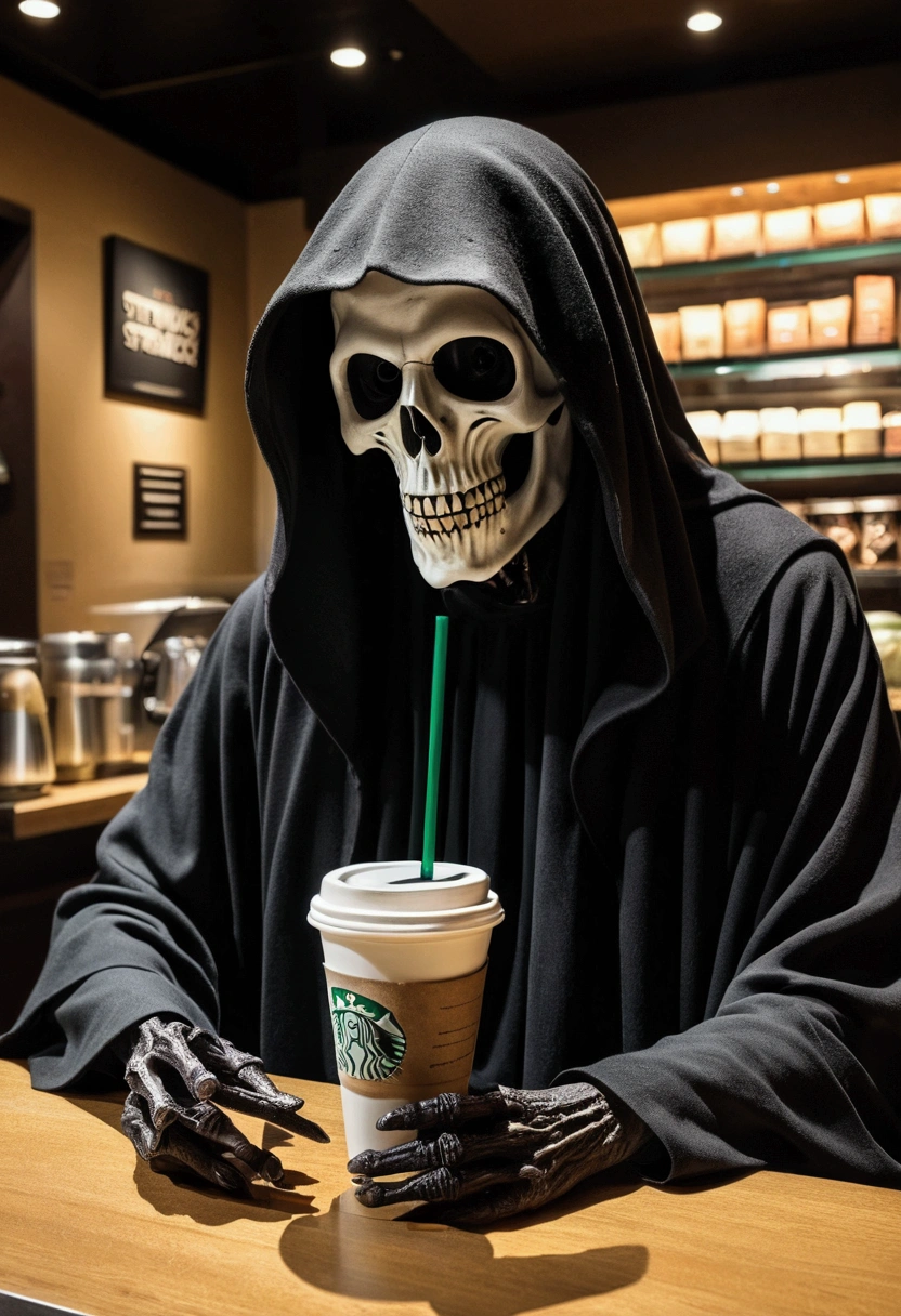 The worst grim reaper gets coffee at Starbucks、Drinking