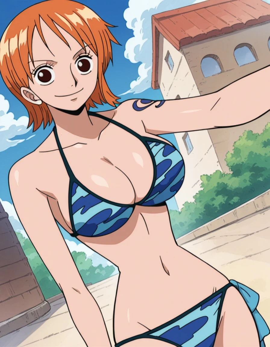 score_9, score_8_up, score_7_up, source_anime, anime screencap, one_piece_wano_style, 1girl, brown hair, brown eyes, short hair, big breasts, bikini, cleavage, standing, nsfw, blush, looking at viewer, smile, beach