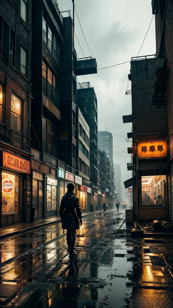 A highly detailed and realistic image of a cyberpunk-inspired environment where a lone figure stands at the edge of a worn platform, gazing at a sprawling, futuristic street in an older, gritty neighborhood. The scene is set in a dimly lit urban space, with weathered buildings that have a retro-futuristic design—modern yet not overly advanced, reflecting a sense of history. Cables dangle haphazardly from the walls, and puddles of rainwater collect on the uneven pavement, creating a reflective sheen. The ground is littered with debris, giving a sense of neglect and realism. Shops with flickering signs line the street, and a couple of dilapidated cars are parked nearby, hinting at a life once bustling. Neon lights glow softly, providing a moody atmosphere without overwhelming the scene. The environment feels alive yet abandoned, evoking a sense of exploration and nostalgia in this high-tech, dystopian world.