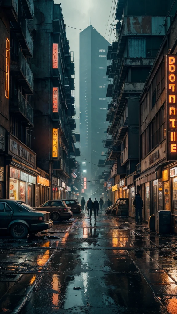 A highly detailed and realistic image of a cyberpunk-inspired environment where a lone figure stands at the edge of a worn platform, gazing at a sprawling, futuristic street in an older, gritty neighborhood. The scene is set in a dimly lit urban space, with weathered buildings that have a retro-futuristic design—modern yet not overly advanced, reflecting a sense of history. Cables dangle haphazardly from the walls, and puddles of rainwater collect on the uneven pavement, creating a reflective sheen. The ground is littered with debris, giving a sense of neglect and realism. Shops with flickering signs line the street, and a couple of dilapidated cars are parked nearby, hinting at a life once bustling. Neon lights glow softly, providing a moody atmosphere without overwhelming the scene. The environment feels alive yet abandoned, evoking a sense of exploration and nostalgia in this high-tech, dystopian world.