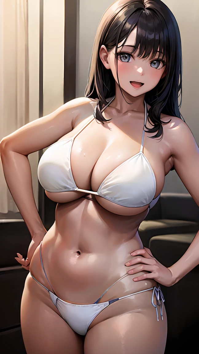 high resolution、Ultra HD、Best Quality、Top quality、Extremely detailed image quality、Realistic woman、A big smile、open mouth, (1girl:1.8)、(looking straight:1.8), Japanese、Peaceful face、45-year-old woman、Married Woman、Plump body、belly button、Black Hair、long、Shiny skin、Skin that is very shiny after applying oil、High gloss skin、Facing forward、The whole body is reflected、(livingroom:1.2)、 standing、(one hand on hip:1.5)、(Bursting huge breasts、Valley、Shiny skin、radiant skin、Glowing Skin、High gloss skin:1.4)、BREAK、Woman wearing(white bikini:2), 