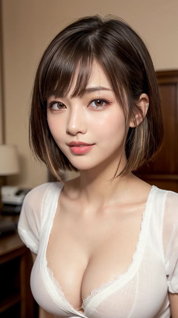 (masterpiece:1.3), high resolution, ultra detailed, extremely detailed CG unity 16k wallpaper, realistic, photo-realistic, RAW photo, super fucking beautiful detailed face, natural makeup, pale skin, realistic glistening skin, detailed cloth texture, detailed hair texture, beautiful detailed fullbody, Perfect female body, accurate, Anatomically correct, Highly detailed face and skin texture, natural neck length, (beautiful hands), (fair skin:1.1), (well-aligned teeth:1.1), ((beautiful large breasts, cleavage, upper breasts:1.3)), (thighs:1.2), (cowboy shot:1.3), (looking at viewer),
BREAK,
Detailed eyes, symmetric eyes, Light Brown eyes, Double eyelids, Thin eyebrows, (Glossy lips:1.4), ((A face with waiting for a kiss:1.2)), (blush:1.1), (A sparkling small hair accessory:1.1), (beautiful smile:1.1), (sweat skin,blush:1.2),
BREAK,
((short hair, bob, Dark blonde hair, bangs:1.2)),
(Wariza in the bedroom, school uniform:1.3)