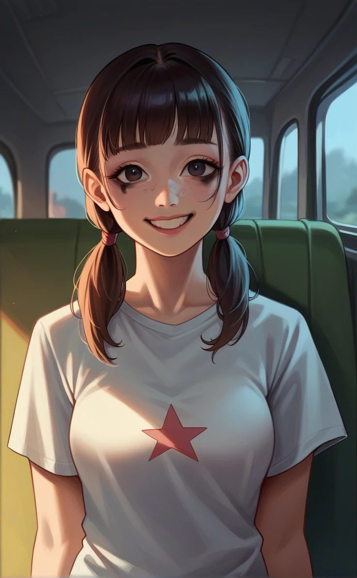 realistic photos of cute Korean star female, uneven twintails, thin makeup, medium breasts size, slightly smile, color t-shirt, in the bus, clear facial features ofsharp and realistic details, Sony FE, 35mm, cinematic lighting, high details, UHD, high quality, HD, 8k, 16k