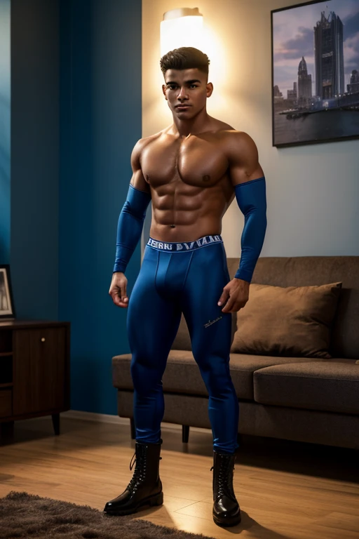 a shirtless young latino man, 20 years old, with a military haircut, black hair, intense brown eyes, chiseled facial features, no facial hair, height 1.80m, weight 65kg, aesthetic muscular build, wearing blue lycra pants and black military boots, full body shot, in the living room of an apartment, (best quality,4k,8k,highres,masterpiece:1.2),ultra-detailed,(realistic,photorealistic,photo-realistic:1.37),cinematic lighting,dramatic shadows,vibrant colors,detailed textures