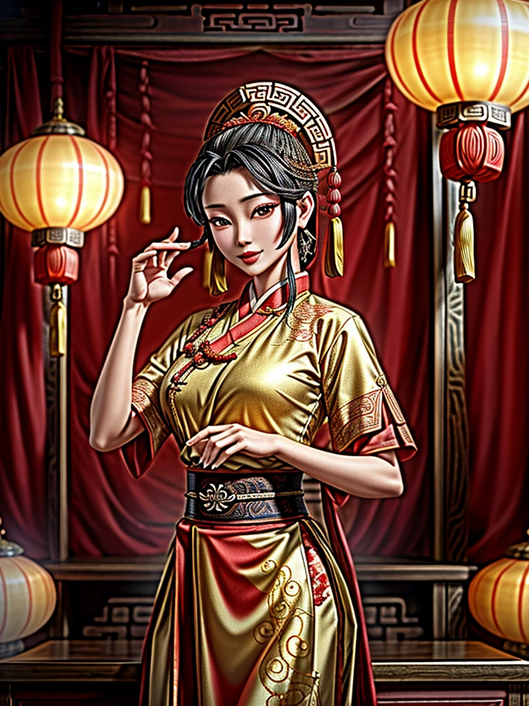 During the Age of the Three Kingdoms, The exquisite and charming single female figure named Feiyufu is depicted in this high resolution., Octane rating image. Set against the backdrop of a stunning and cinematic ancient Chinese environment., her attractiveness is further emphasized. Feiyufu's face, boasts excellent detail and high resolution, shows off cute and gentle facial features, which are sure to attract the viewer's eye. Her charming smile makes this scene seductive..
The intricate textures and intricate patterns of Feiyufu clothing stand out vividly against the background, filled with elements, reminiscent of ancient Chinese culture.. This Ultra HD image highlights