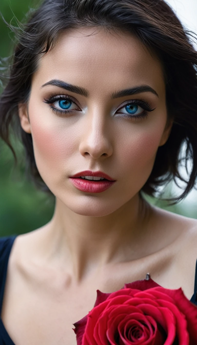Low Angle Shot, Photo noir et blanc et bleu profond, une femme aux yeux bleus sublimes, une peau impeccable, tir à moitié du corps, tenant une rose darkblue, intensité du regard captivant, style de photographie fantaisiste, capturé avec un appareil photo Arriflex 35BL utilisant des objectifs Canon K25, Cinématique, Éclairage dramatique, Extrêmement clair, masterpiece surréaliste à couper le souffle.
