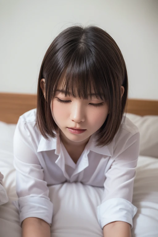 Tabletop, Highest quality, One Girl, (beautiful girl, Delicate girl:1.3), (14 years old:1.3), On the bed, ((Lie on your back in bed:1.5)),Definition of very fine particles, ((I close my eyes and breathe hard:1.2)), night, ( White shirt,wear:1.2), Flat Chest, Brown eyes, Parted bangs, Brown Hair, Upper teeth, (Eye and facial details:1.0), (RAW Photos, Film Grain, chromatic aberration), (Bokeh: 1.1),,thin,Wet,