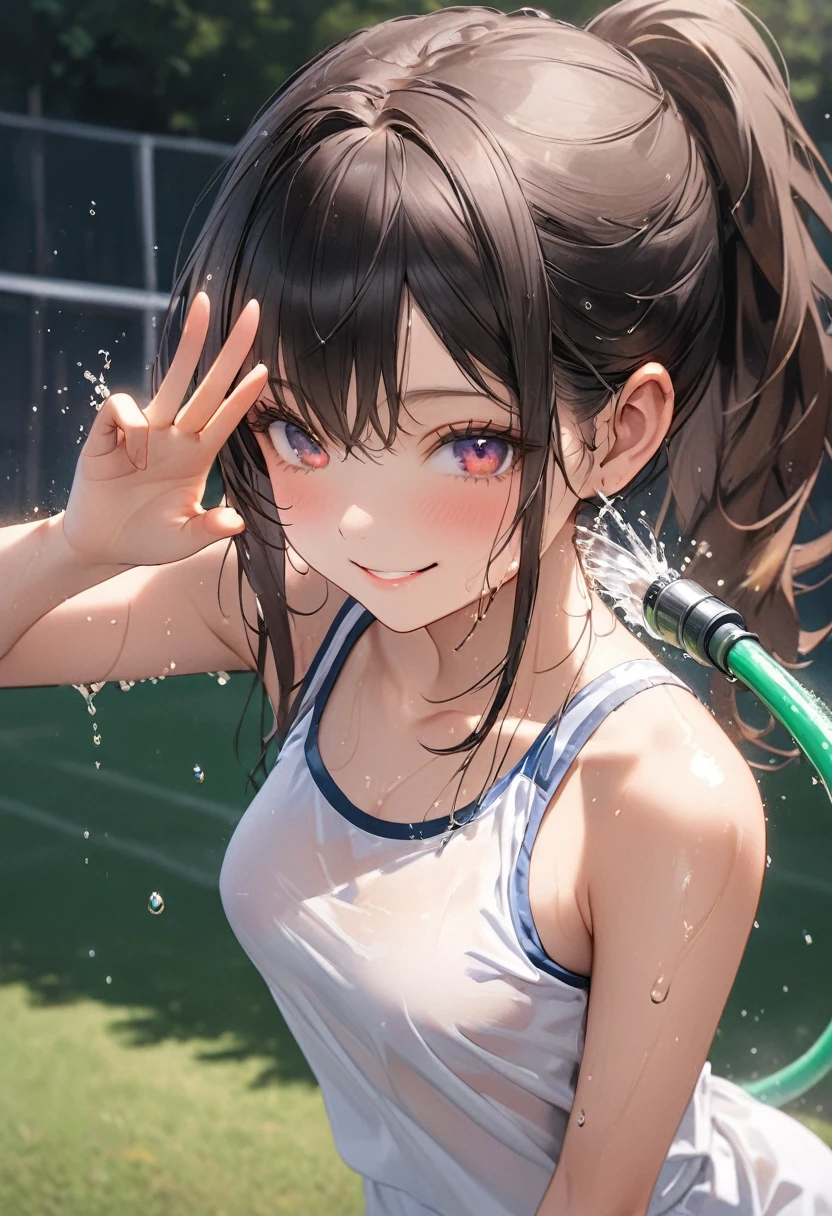 1 female,black hair,((12 years old)),(((white and blue sports bra and shorts)))(((blush、open mouth smile)),(((Yuki Mikan))),crowd(baby girl body shape)(((small breasts)))sexy pose,((wet with sweat))Outdoor Play Areas