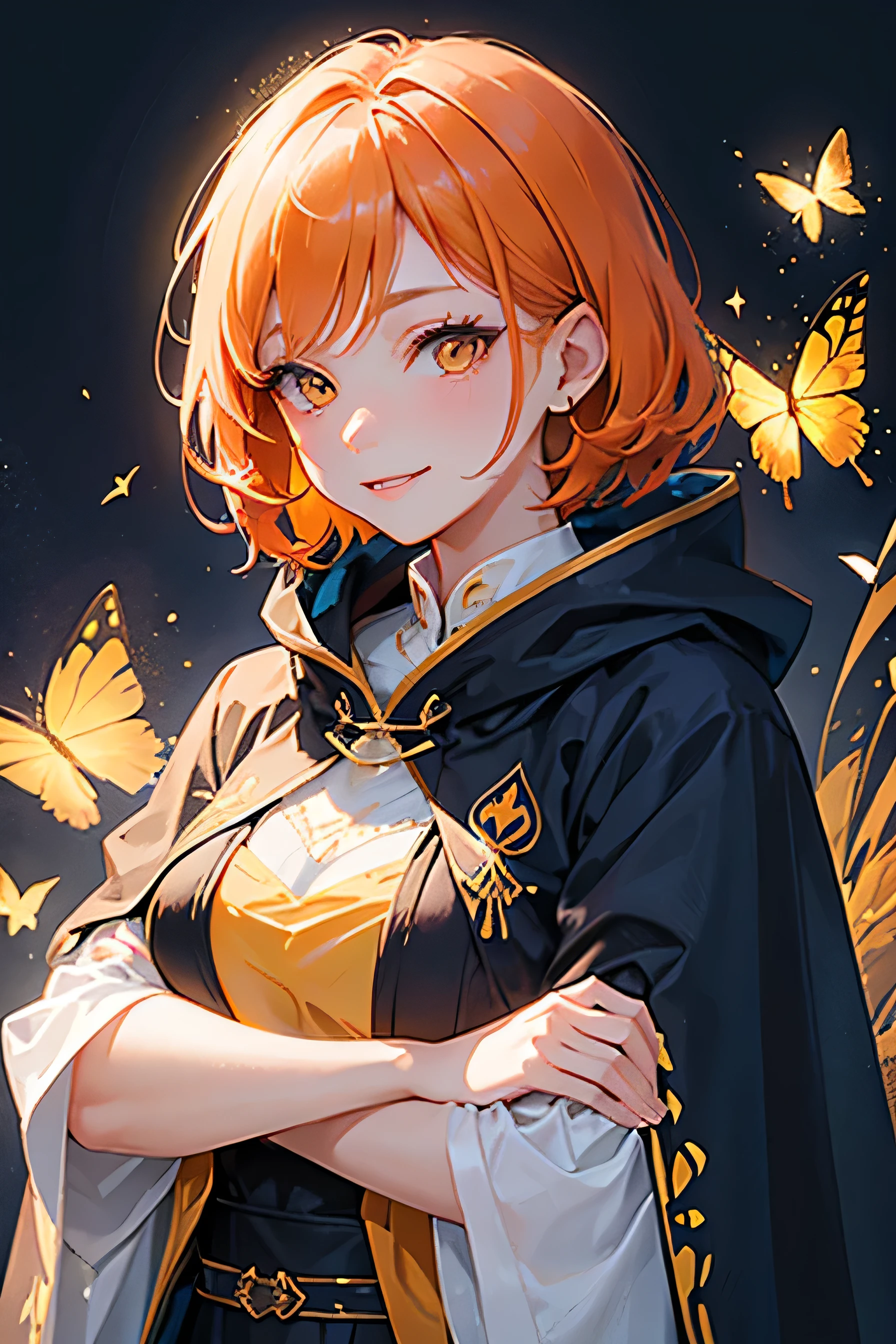 A beautiful adult woman wearing a cloak、Orange short hair and yellow eyes、Strong smile、Face close-up、Background with swallowtail butterfly landing on shoulder