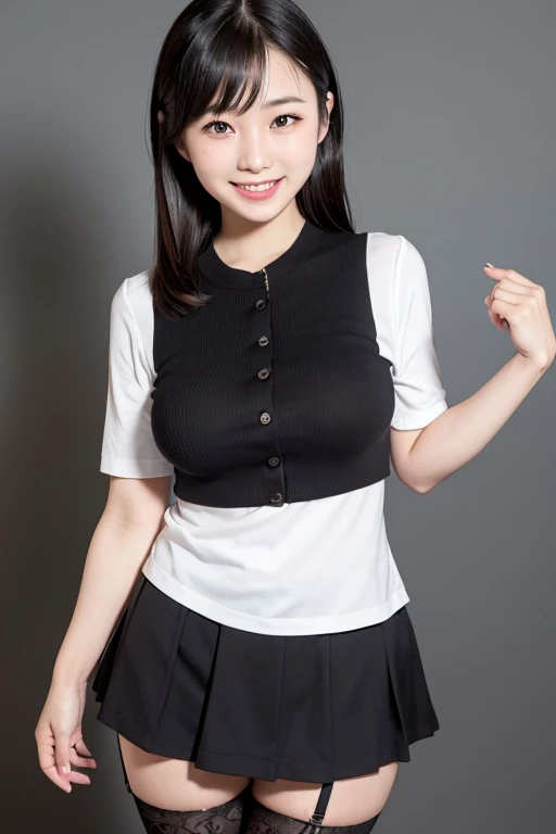 A cute 20 year old Japanese girl wearing a mini skirt and stockings, smiling, High resolution, Black Hair, Large Breasts, teeth, Simple Background, 
