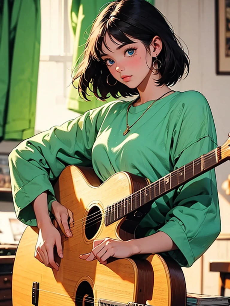 style: 80년대 애니메이션 style, ultra high resolution, very detailed, perfect lighting. Hero: girl with short hair, blue eyes, and small, round nose. She is looking forward with her face and torso aligned forward.. accessories: The girl is holding a guitar and playing. environment: The scene is set in a bedroom with a window.. Sunlight comes in through the window, illuminate the scene. action: Girl is looking at the guitar while playing the guitar with her hands.. Additional details: The background shows a view through a window..
