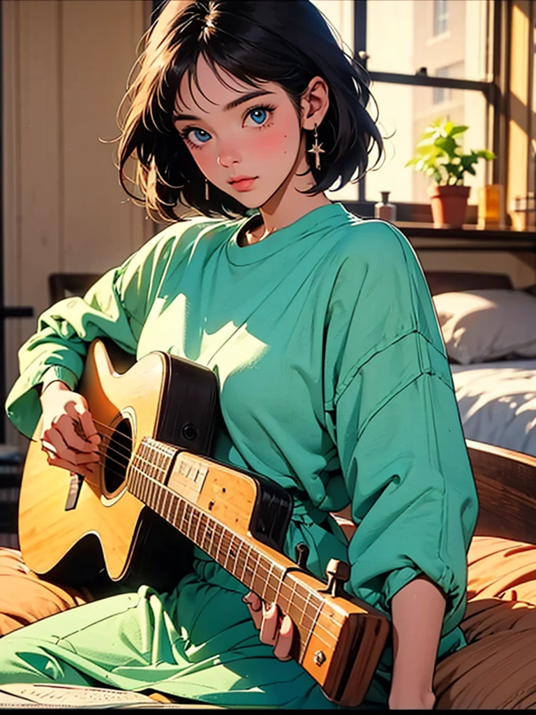style: 80년대 애니메이션 style, ultra high resolution, very detailed, perfect lighting. Hero: girl with short hair, blue eyes, and small, round nose. She is looking forward with her face and torso aligned forward.. accessories: The girl is holding a guitar and playing. environment: The scene is set in a bedroom with a window.. Sunlight comes in through the window, illuminate the scene. action: Girl is looking at the guitar while playing the guitar with her hands.. Additional details: The background shows a view through a window..