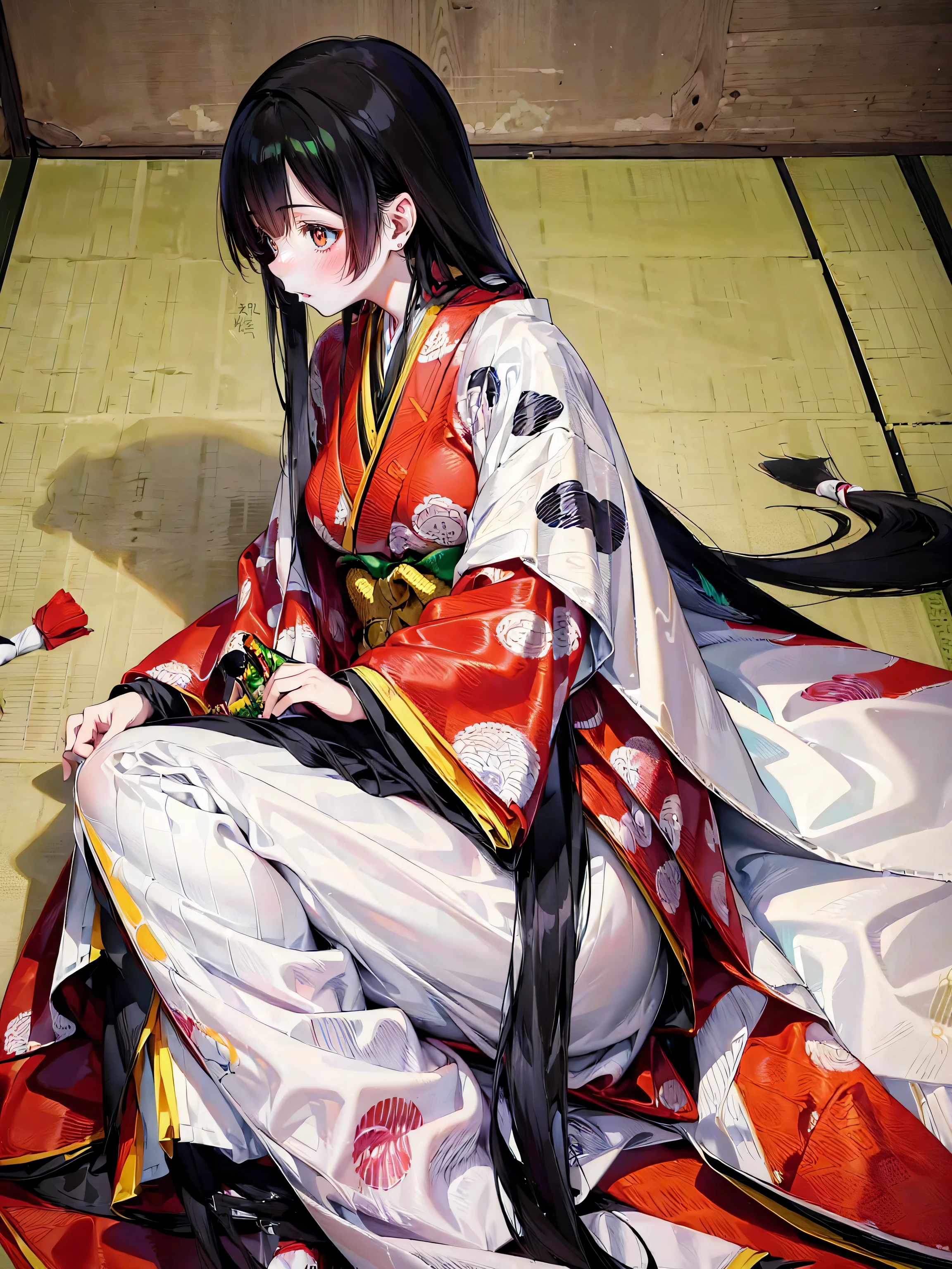 (solo japanese girl:1.3), (Straight long hair, Shiny and glossy black hair:1.3), Karaginu jacket, Long hakama, The cuffs and chest of the five-piece garment, Wearing Imperial Kimono, Imperial Patterns, (huge breasts), embarrassed, (from front), (lying, on side:1.5), upper body, ((Superbly detailed drawing, ultra detailed, exquisite quality, absolutely resolution)), (moe animation art style:1.5), 