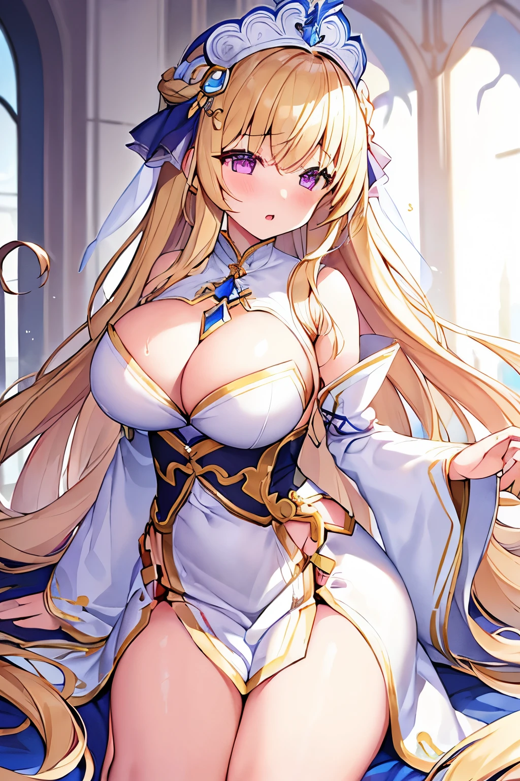 1 girl、Blonde、Long Hair、Fantasy、Holy Goddess、Pure Goddess、(White and light blue clothes)、Complicated costumes、((Aggressive design))、Sleeves that cling to the arms、Bigger breasts、Exposed Skin、Shameless、Provocative、Fan、Lust、Estrus、((sexual excitement))、((Sexual pleasure))、(Leaking sigh)、Deep pink eyes、Drowning in pleasure、lure、On the brink of climax