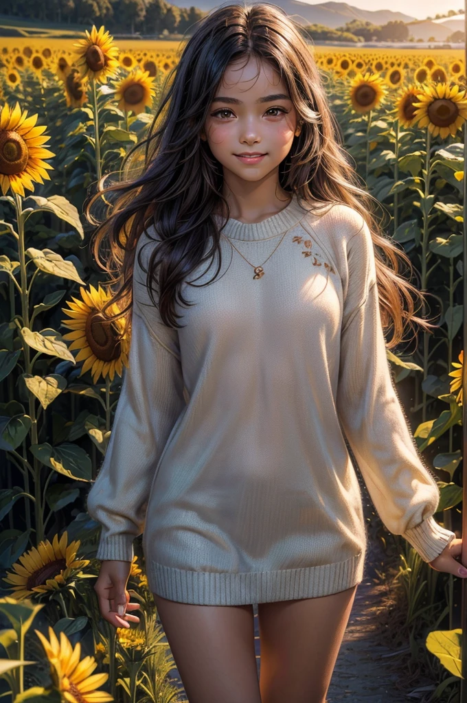((masterpiece, best quality, ultra-detailed, high resolution, extremely detailed CG, super detailed, Most beautiful clean lighting)), 1girl, , , cute girl, pretty face, smile, Suntanned and Wheat-colored skin, Beautiful black long hair, black eyes, kawaii, full body, summer sweater, Midsummer Scenery, sunflower field