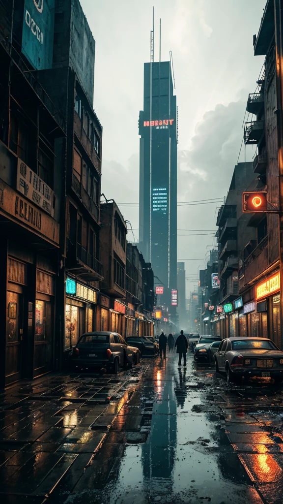 A highly detailed and realistic image of a cyberpunk-inspired environment where a lone figure stands at the edge of a worn platform, gazing at a sprawling, futuristic street in an older, gritty neighborhood. The scene is set in a dimly lit urban space, with weathered buildings that have a retro-futuristic design—modern yet not overly advanced, reflecting a sense of history. Cables dangle haphazardly from the walls, and puddles of rainwater collect on the uneven pavement, creating a reflective sheen. The ground is littered with debris, giving a sense of neglect and realism. Shops with flickering signs line the street, and a couple of dilapidated cars are parked nearby, hinting at a life once bustling. Neon lights glow softly, providing a moody atmosphere without overwhelming the scene. The environment feels alive yet abandoned, evoking a sense of exploration and nostalgia in this high-tech, dystopian world.