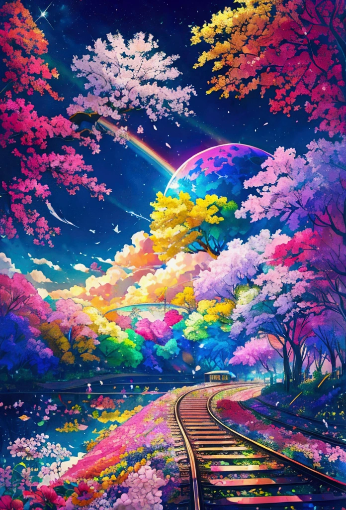A locomotive running on rainbow-colored tracks,colorful,beautiful flower,wonderful景色,Utopia,An atmosphere full of dreams and hope,masterpiece.16K, Ultra-high resolution, Ultra-high resolution, to be born,wonderful ,future、Iridescent、The world 30 years from now。