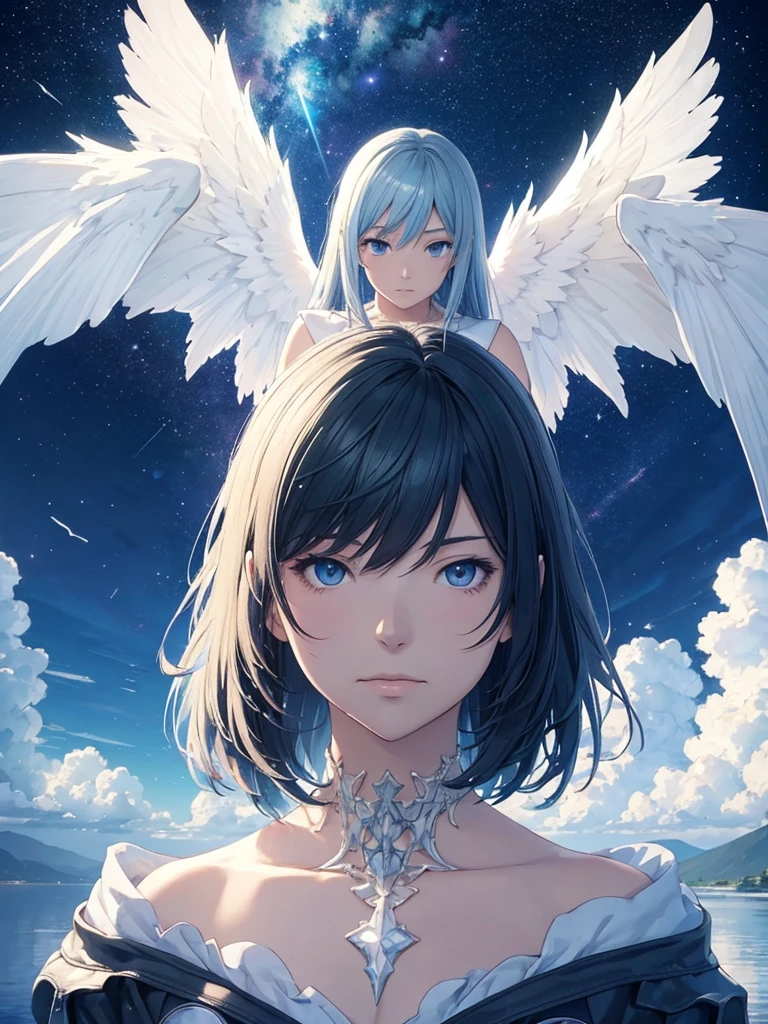1 girl, eye, close, Beautiful night sky, Meteors, Beyond the Clouds, Surrounded by water, reflection, Wide Angel, Breathtakingly beautiful clouds, Wide-angle, by makoto shinkai, Thomas Kinkade, James Gillard, From holosomnialandscape, High resolution, Volumetric lighting, Ray Tracing, Complex, Attention to detail, Very detailed, Deviant Art, 4K portrait wallpaper,, colorful, Airy, Anime illustration, anime nature wallpapers