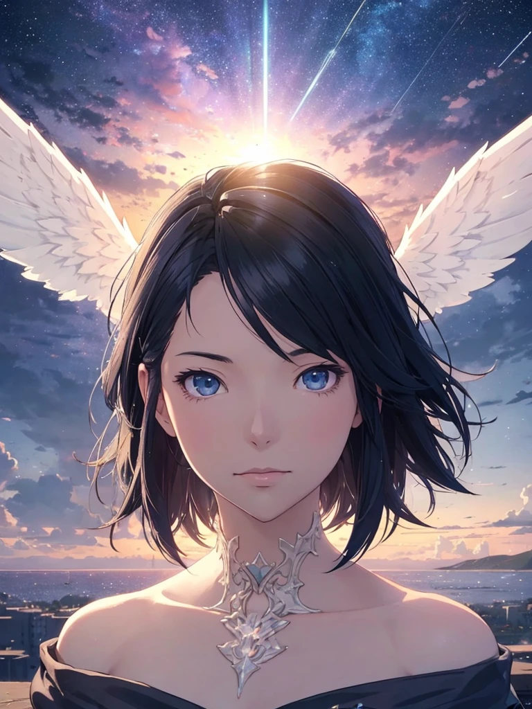 1 girl, eye, close, Beautiful night sky, Meteors, Beyond the Clouds, Surrounded by water, reflection, Wide Angel, Breathtakingly beautiful clouds, Wide-angle, by makoto shinkai, Thomas Kinkade, James Gillard, From holosomnialandscape, High resolution, Volumetric lighting, Ray Tracing, Complex, Attention to detail, Very detailed, Deviant Art, 4K portrait wallpaper,, colorful, Airy, Anime illustration, anime nature wallpapers