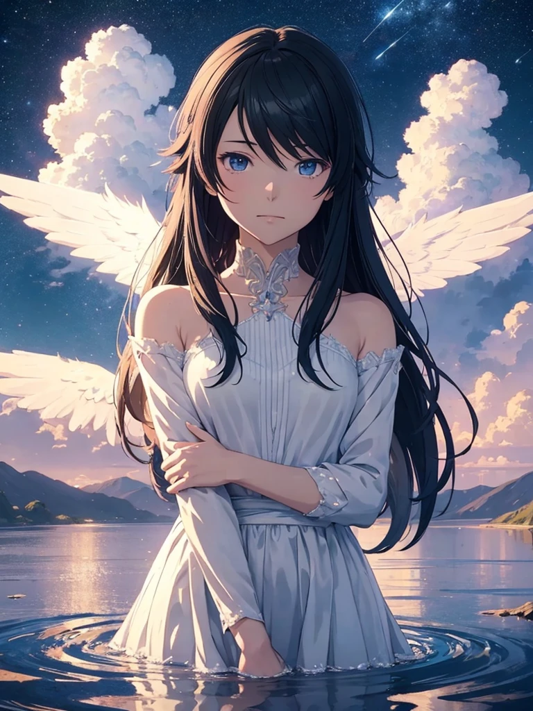 1 girl, eye, close, Beautiful night sky, Meteors, Beyond the Clouds, Surrounded by water, reflection, Wide Angel, Breathtakingly beautiful clouds, Wide-angle, by makoto shinkai, Thomas Kinkade, James Gillard, From holosomnialandscape, High resolution, Volumetric lighting, Ray Tracing, Complex, Attention to detail, Very detailed, Deviant Art, 4K portrait wallpaper,, colorful, Airy, Anime illustration, anime nature wallpapers