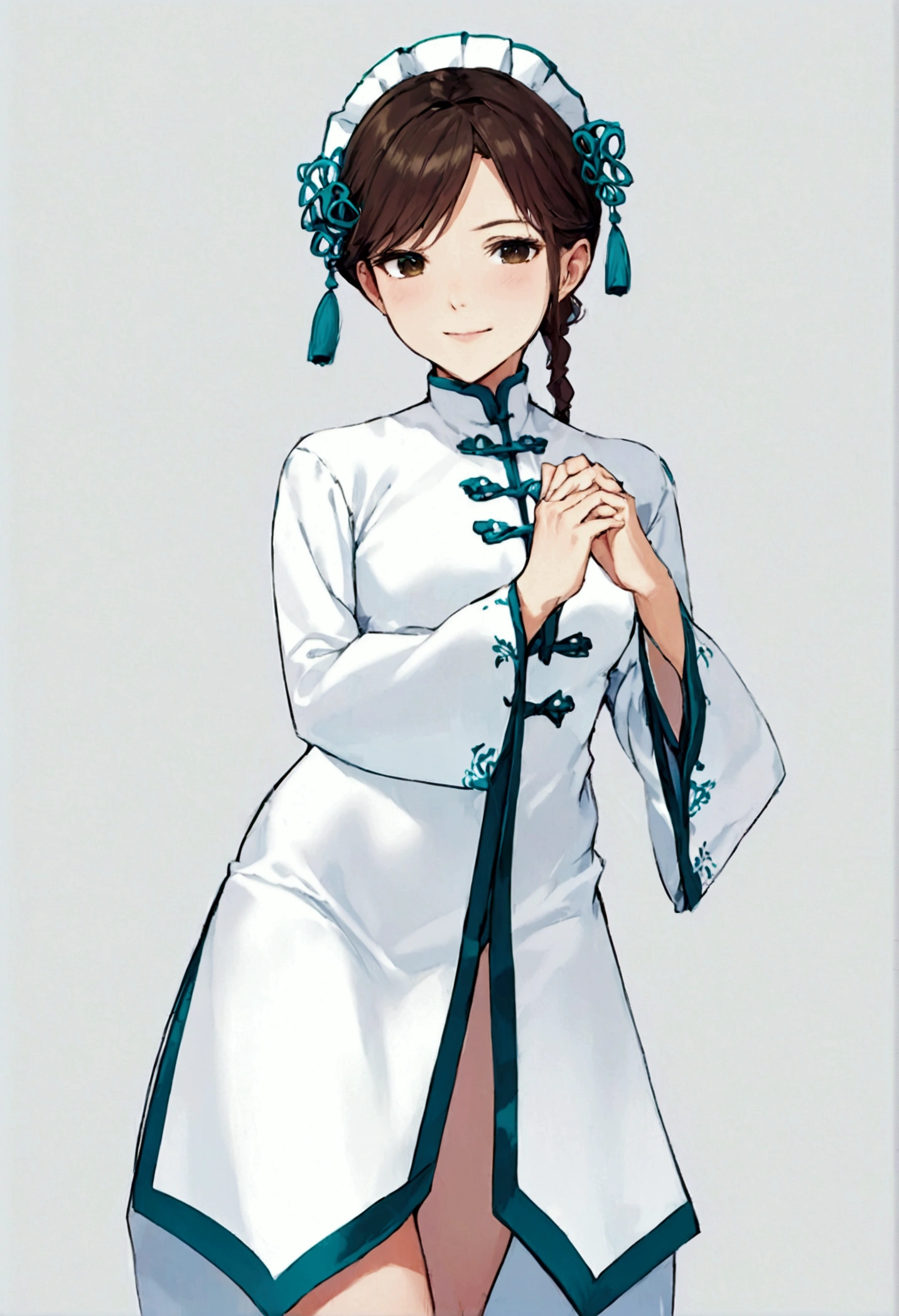 1girl,origen,cowboy shot,closed mouth, china dress, light smile,, simple background,