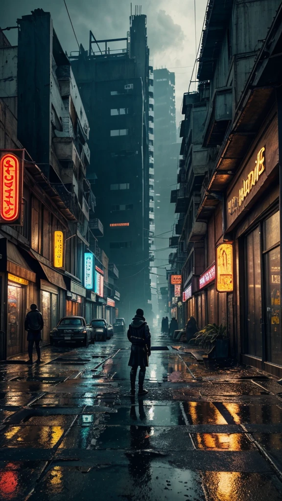 A highly detailed and realistic image of a cyberpunk-inspired environment where a lone figure stands at the edge of a worn platform, gazing at a sprawling, futuristic street in an older, gritty neighborhood. The scene is set in a dimly lit urban space, with weathered buildings that have a retro-futuristic design—modern yet not overly advanced, reflecting a sense of history. Cables dangle haphazardly from the walls, and puddles of rainwater collect on the uneven pavement, creating a reflective sheen. The ground is littered with debris, giving a sense of neglect and realism. Shops with flickering signs line the street, and a couple of dilapidated cars are parked nearby, hinting at a life once bustling. Neon lights glow softly, providing a moody atmosphere without overwhelming the scene. The environment feels alive yet abandoned, evoking a sense of exploration and nostalgia in this high-tech, dystopian world.