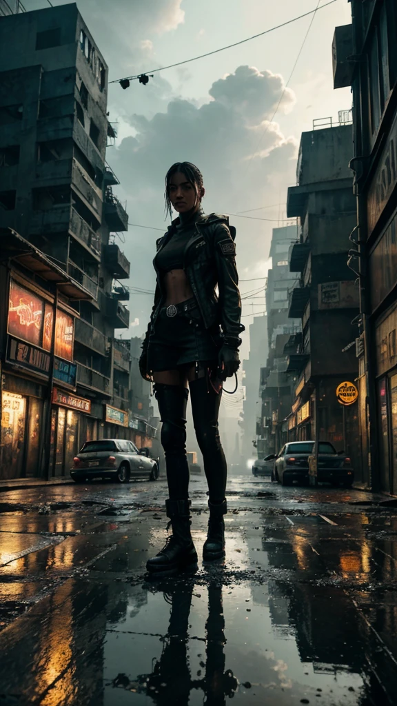 A highly detailed and realistic image of a cyberpunk-inspired environment where a lone figure stands at the edge of a worn platform, gazing at a sprawling, futuristic street in an older, gritty neighborhood. The scene is set in a dimly lit urban space, with weathered buildings that have a retro-futuristic design—modern yet not overly advanced, reflecting a sense of history. Cables dangle haphazardly from the walls, and puddles of rainwater collect on the uneven pavement, creating a reflective sheen. The ground is littered with debris, giving a sense of neglect and realism. Shops with flickering signs line the street, and a couple of dilapidated cars are parked nearby, hinting at a life once bustling. Neon lights glow softly, providing a moody atmosphere without overwhelming the scene. The environment feels alive yet abandoned, evoking a sense of exploration and nostalgia in this high-tech, dystopian world.