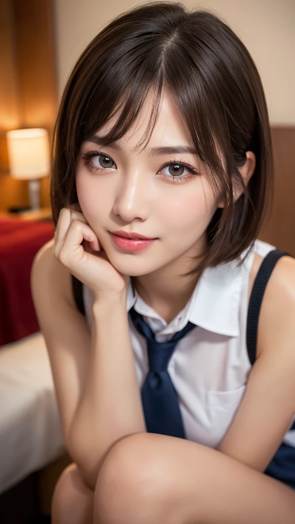 (masterpiece:1.3), high resolution, ultra detailed, extremely detailed CG unity 16k wallpaper, realistic, photo-realistic, RAW photo, super fucking beautiful detailed face, natural makeup, pale skin, realistic glistening skin, detailed cloth texture, detailed hair texture, beautiful detailed fullbody, Perfect female body, accurate, Anatomically correct, Highly detailed face and skin texture, natural neck length, (beautiful hands), (fair skin:1.1), (well-aligned teeth:1.1), (beautiful large breasts), (thighs:1.2), (cowboy shot:1.3), (looking at viewer), 
BREAK, 
Detailed eyes, symmetric eyes, Light Brown eyes, Double eyelids, Thin eyebrows, (Glossy lips:1.4), ((A face with waiting for a kiss:1.2)), (blush:1.1), (A sparkling small hair accessory:1.1), (beautiful smile:1.1), (sweat skin,blush:1.2), 
BREAK, 
((short hair, bob, Dark blonde hair, bangs:1.2)),  
(wariza in a hotel bedroom, school uniform:1.3)
