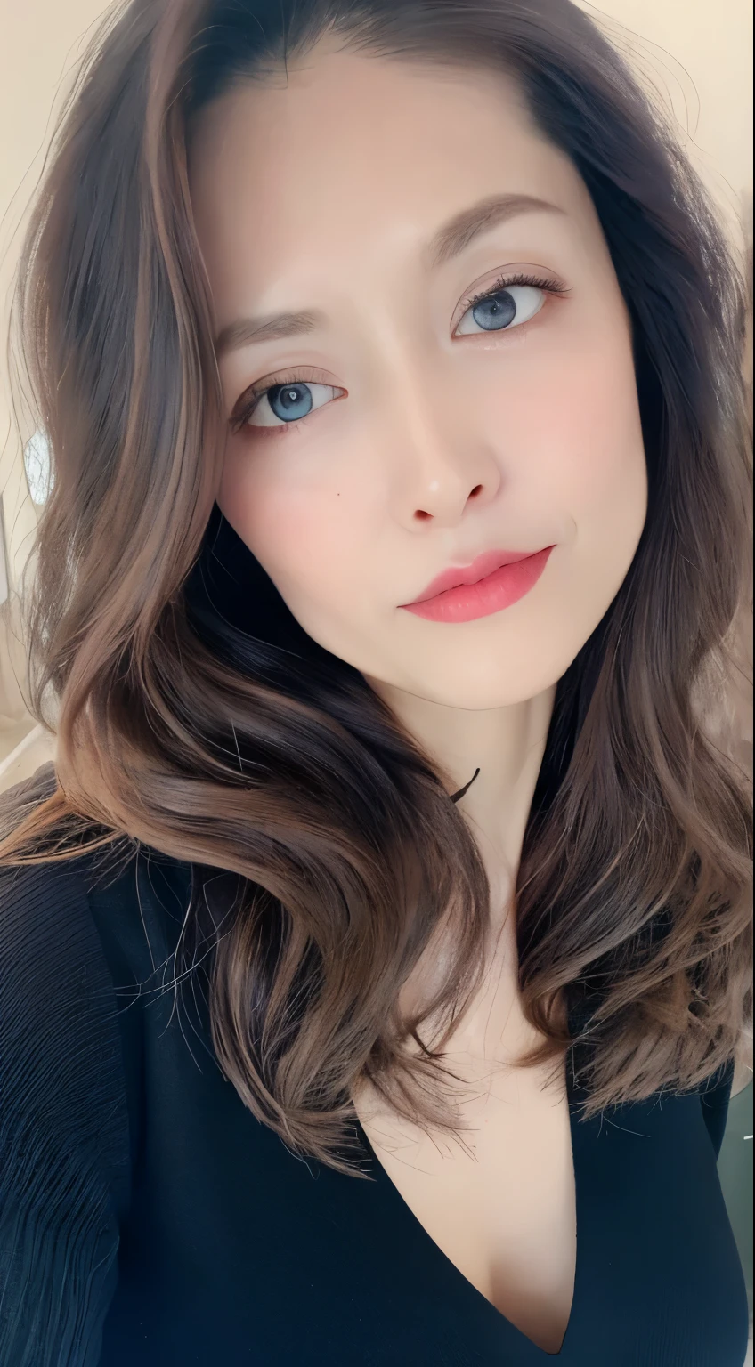 1 girl , sexy, nsfw:0.0, eyeliner, kawaii, student, long hair, brown hair, ((wavy hair)), hair ornament, ((light blush)), ((expressionless eyes)), blue eyes, ((large breasts:1.4)), red lips, makeup, shirtlift, ((black sweater dress)), black kneehighs, high heels, ((semi-rimless eyewear)), jewelry, earrings, necklace, looking at viewer, Depth of field, (detailed face :1.4), (beautiful detailed eyes :1.2), (detailed hair),light on face, cinematic lighting,