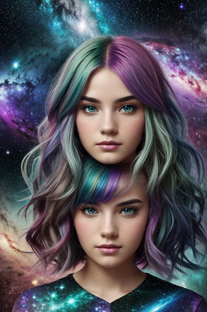 Create an image of 6 girls with blue, red, violet, green, brown and gray hair colors. Background is a Galaxy.