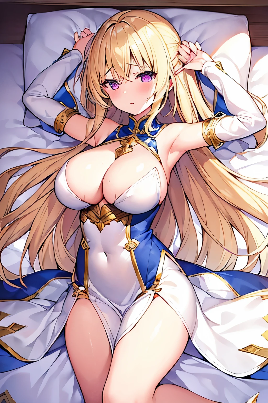 1 girl、Blonde、Long Hair、Fantasy、Holy Goddess、Pure Goddess、(White and light blue clothes)、Complicated costumes、((Aggressive design))、Sleeves that cling to the arms、Bigger breasts、Exposed Skin、Shameless、Provocative、Fan、Lust、Estrus、((sexual excitement))、((Sexual pleasure))、(Leaking sigh)、Deep pink eyes、Drowning in pleasure、Seduce us、On the brink of climax、bed、(Lie down)、Wet Skin、Wet clothes