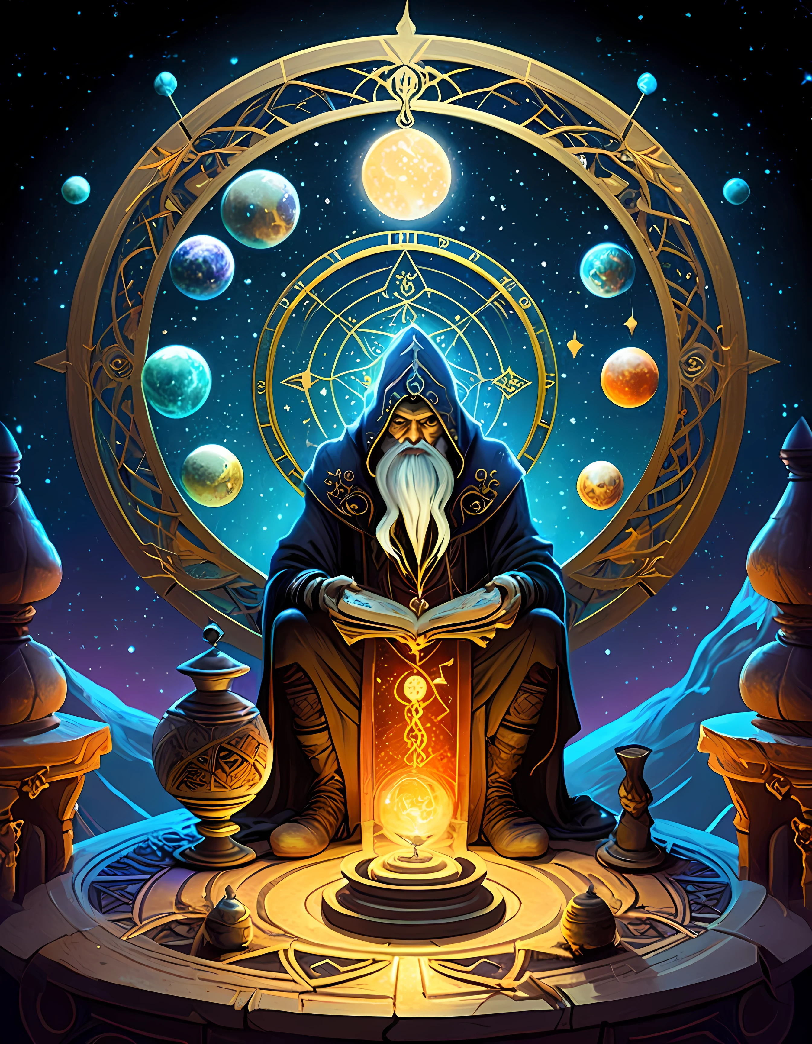 mysterious Astrologer, by Gris Grimly, full body, cinematic still, cinemascope, best quality, masterpiece, very aesthetic, perfect composition, intricate details, ultra-detailed, vivid colors