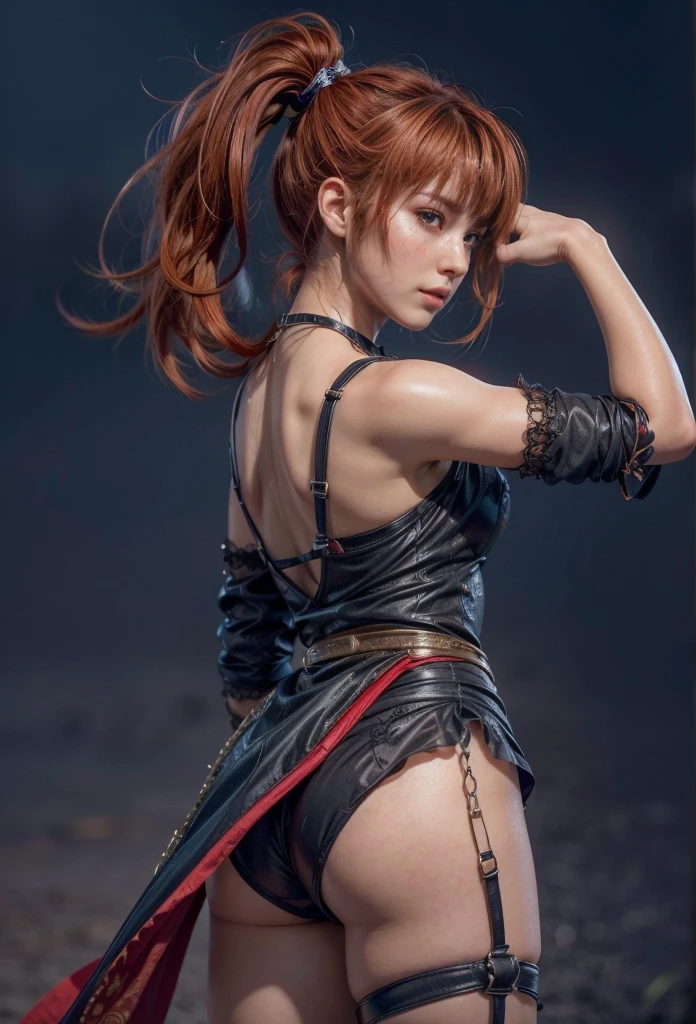 Kasumi, brown eyes, Red Hair, (best quality, ultra detail), (realistic:1.37), beautiful and detailed face, ultra-realistic texture, Delicate face, delicate body, red lipstick, bright colors. high definition, 8K. angry expression and penetrating, expressive gaze.