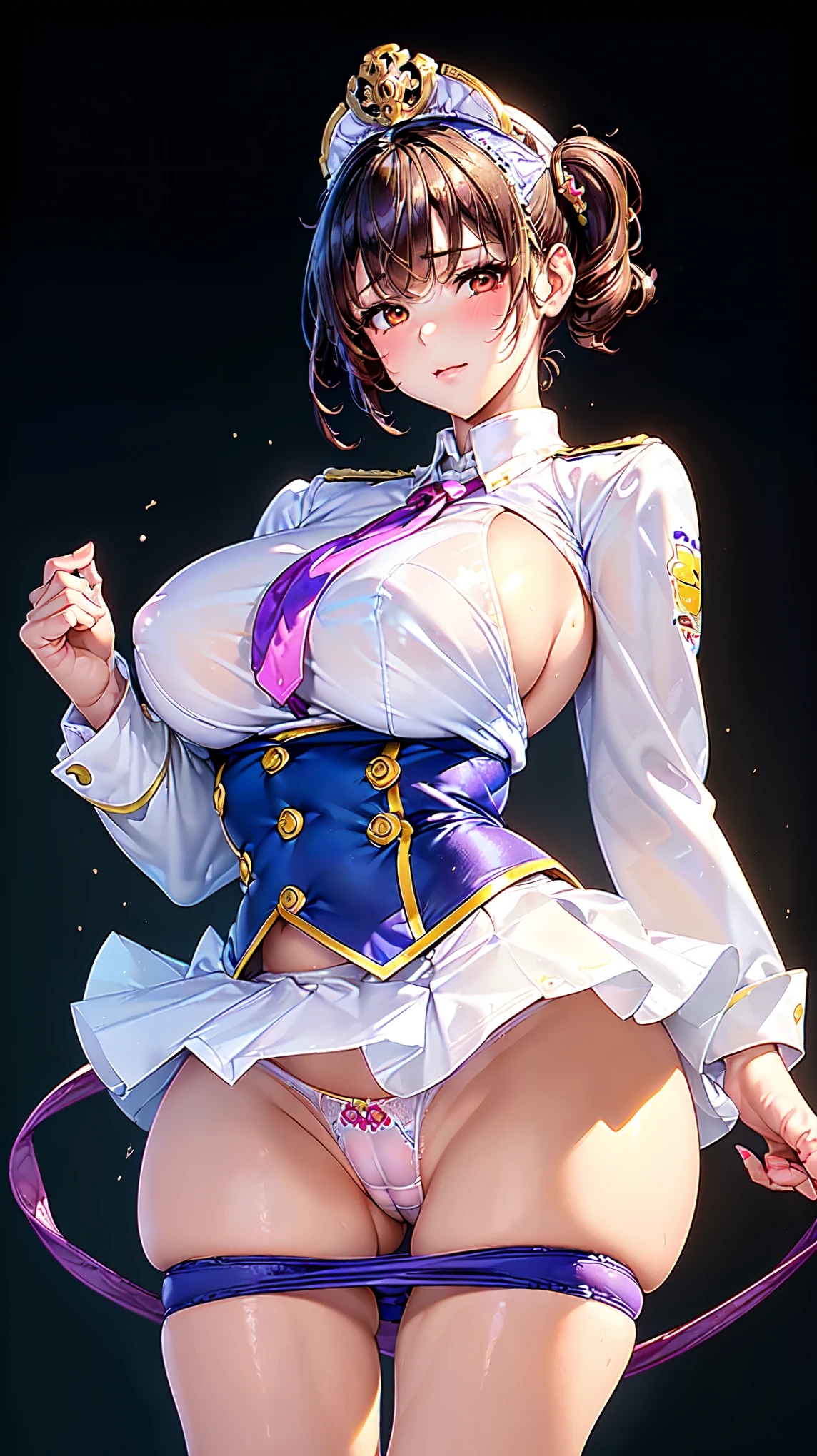 Good better hand, ((Mucha style)),(Vulgar),((JK girl)), (from thigh up),Too big,Pompadour,(Put your arms behind your back:1.2),((Sex addiction))((highschool uniform)), (highschool skirt on (少し見えている (panties))), cameltoe, Half of it sticks out from the clothes,(High position:1.6),((Detailed face)),((areola))