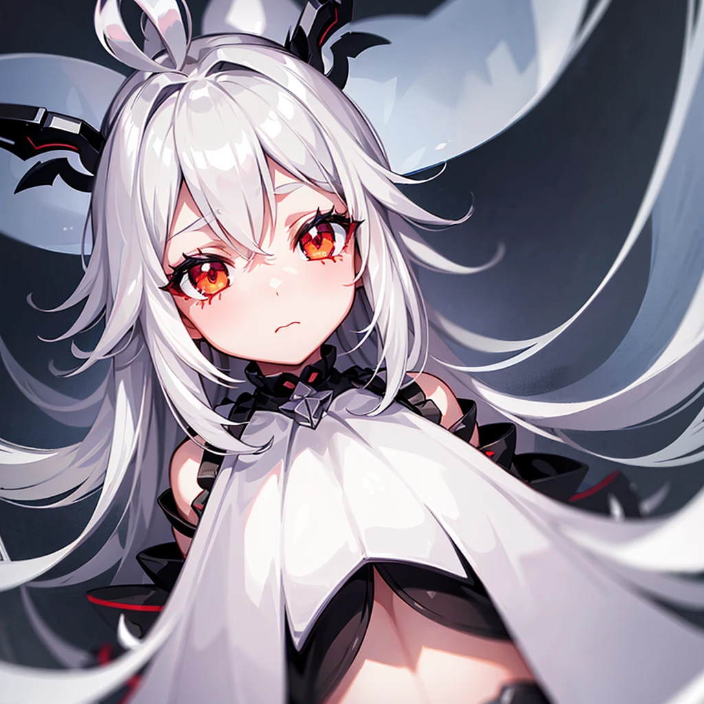 One girl, White background, cute, Long Hair, Sleepy, evil, Hollow Eyes,Teardrop, Cinematic light effects, Ultra-detailed, Illustration, Textured skin, Ultra high definition, Very detailed, Multiple ahoge, Crystal-like hair, solo, Gray Hair, Red eyes,