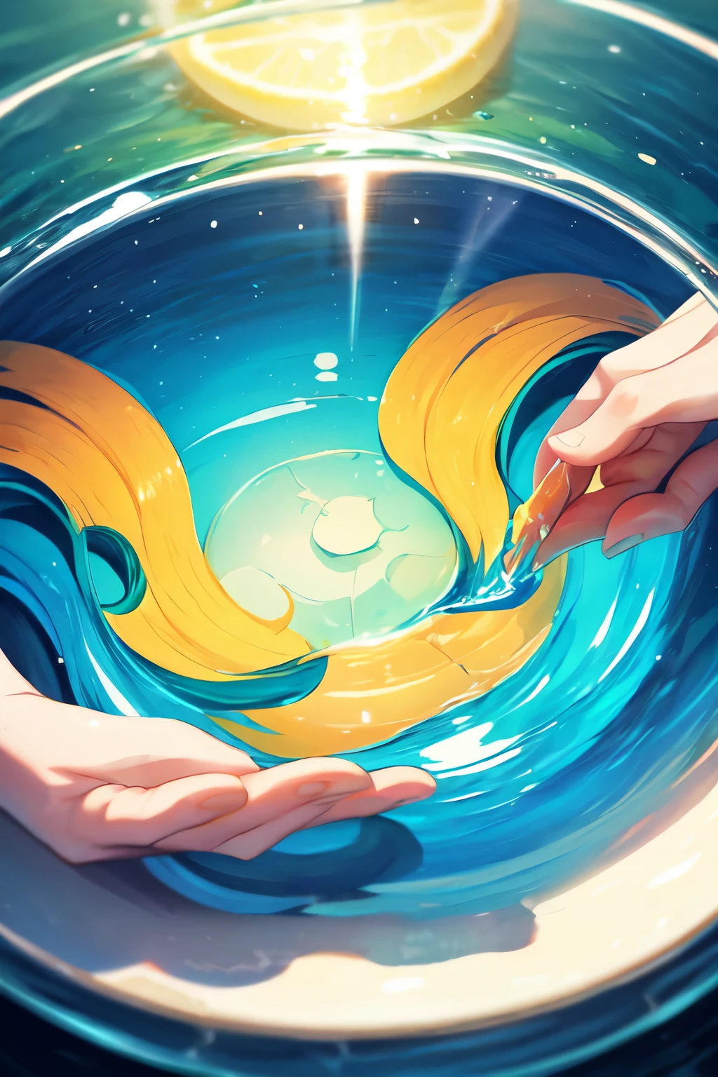 (hands only) hands kneading dough on glass in surface of water,in adventure time art style