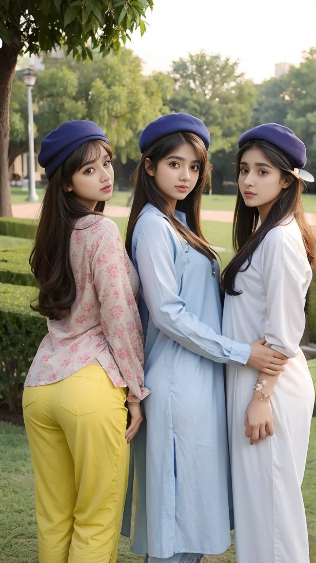 3 cute 18 year old Pakistani sisters, with hair styles and hats on, sticking their asses up, anuses exposed