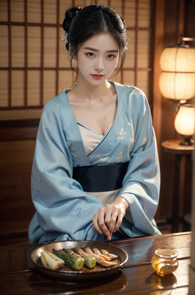 (((best quality))),(((ultra detailed))),(((masterpiece))),illustration,((1 beautiful Japannese girl,solo)),((slim,thin)),((small breasts,flat chest)),(in izakaya:1.3),(summer:1.2),(rainy:1.3),(indoor:1.2),(night scene:1.3),(wet:1.3),(collar:1.2),(blue floral kimono:1.3),neat bun,porcelain skin,rouge,dimly lit,warm glow,ethereal,(sitting beside the low table:1.3),sake bottle,half-empty glass,tray,grilled fish,steamed vegetables,half-eaten,melancholic smile,storm,solitude,enigmatic aura,tranquility,chaos,simplicity,complexity,emotions,sips sake,face softens,memories,frozen moment,photograph,glance,inner world,mysterious,captivating,((from front,upper body))
