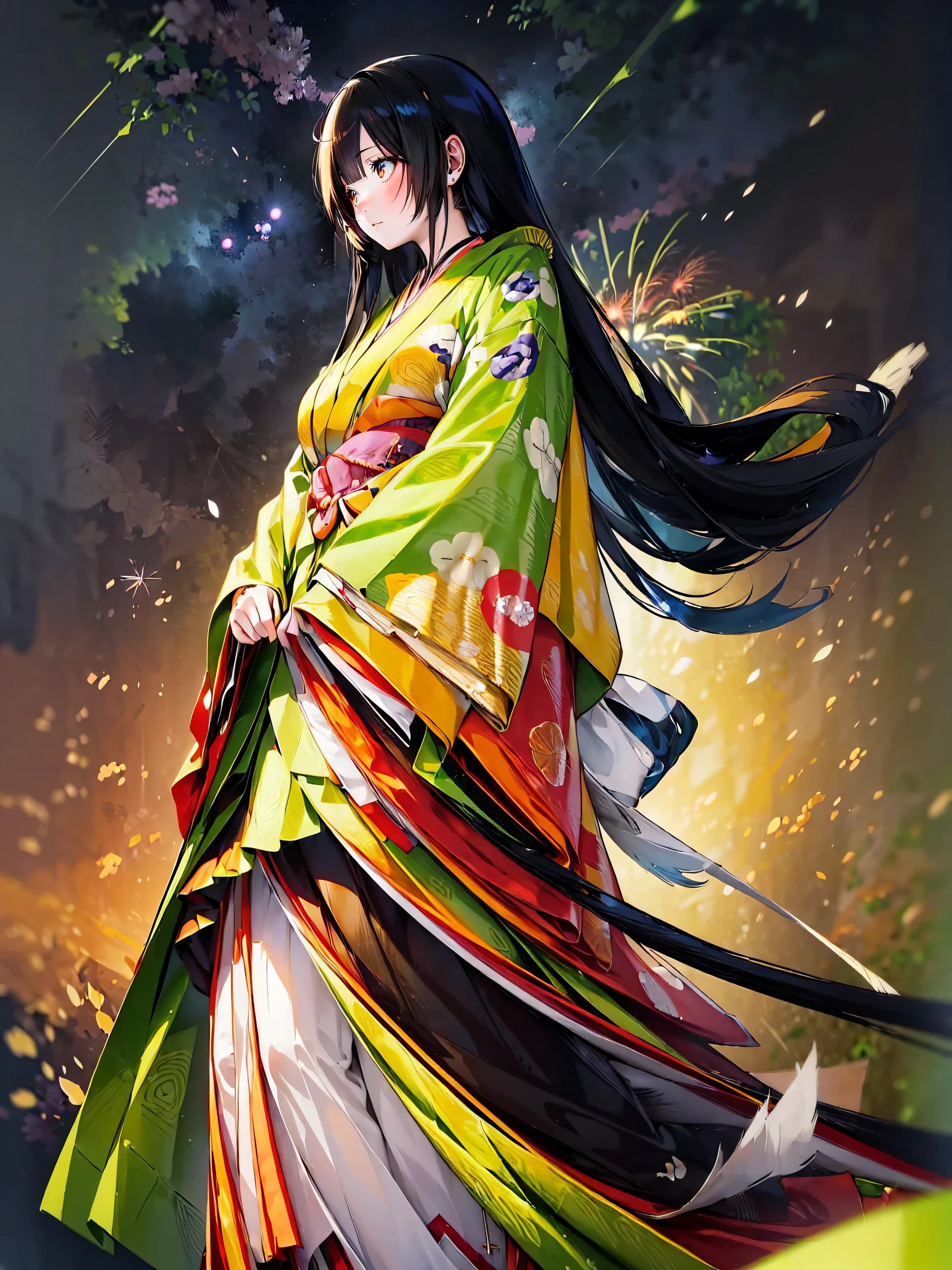 (solo japanese girl:1.3), (Straight long hair, Shiny and glossy black hair:1.3), Karaginu jacket, Long hakama, The cuffs and chest of the five-piece garment, Wearing Imperial Kimono, Imperial Patterns, (huge breasts), (from front), (cowboy shot), (looking up, from below:1.3), ((firework, in night sky:1.3)), ((Superbly detailed drawing, ultra detailed, exquisite quality, absolutely resolution)), (moe animation art style:1.5)