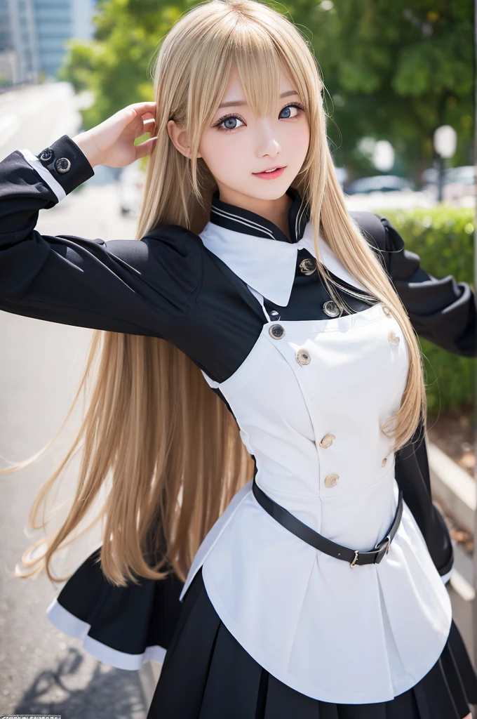 Sexy Big 、Sexy cute looks and cute  beautiful girl, beautiful and sexy face、A strong wind blows my hair in front of my face、length, Metallic blonde straight hair、beautiful, Cute and sexy eyes hidden behind long bangs, Gothic Maid Break Ceremony,((Uniform Cosplay)), ((Random sexy poses、put in、Deep joy, Ecstatic Eyes:1.2))、Ecstatic face、Climax expression,、Official Art，Highly detailed CG Unity 8k wallpaper, (masterpiece:1.0),(Highest quality:1.0), photo shoot, 8k, Browsing Caution, High resolution, Kodak Portrait 400, Film Grain, Lens flare brilliance,Very low camera angle, View your viewers、((Full body photography 1:1))、
