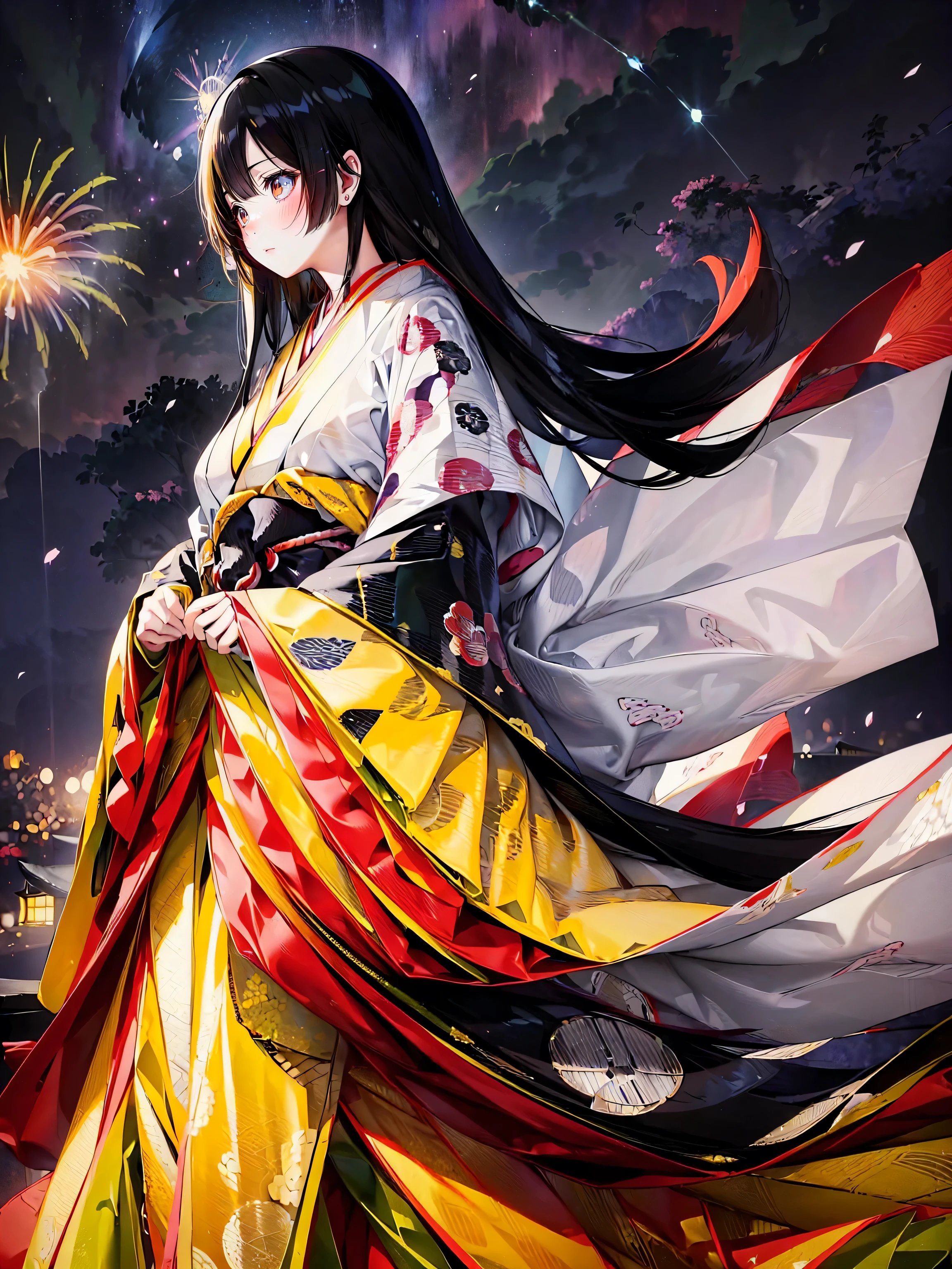 (solo japanese girl:1.3), (Straight long hair, Shiny and glossy black hair:1.3), Karaginu jacket, Long hakama, The cuffs and chest of the five-piece garment, Wearing Imperial Kimono, Imperial Patterns, (huge breasts), (from front), (cowboy shot), (looking up, from below:1.3), ((firework, in night sky:1.3)), ((Superbly detailed drawing, ultra detailed, exquisite quality, absolutely resolution)), (moe animation art style:1.5)