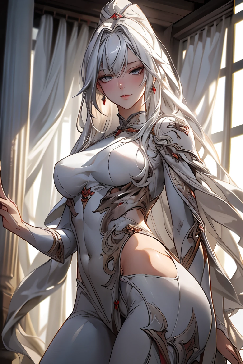 ((best quality)), ((masterpiece)), (detailed), Photorealistic, high resolution, mature woman, เหมือนจริง, Hips up, jewelry, Curtain Bangs, White hair, White eyes, หน้าอกใหญ่, HDR (high dynamic range), After processing, Anisotropic filtration,depth of field, Maximum clarity and clarity, multi-layered surface, perfect proportions, 8K raw files, กระโปรงสั้น, natural lighting, soft lighting, sunlight, Doomsday ruins, detailed anatomy, Samurai suit